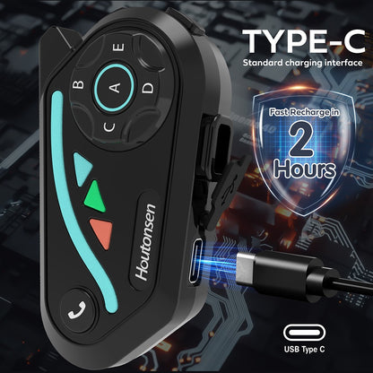 Houtonsen V8 Plus Motorcycle Helmet Headset, 1000M 2-Person Intercom, 30h Working Time, Noise Reduction, MP3/GPS/FM Navigation Support, AI Voice Assistant, IPX67 Waterproof, Bluetooth 5.2 - 1Pc Pack