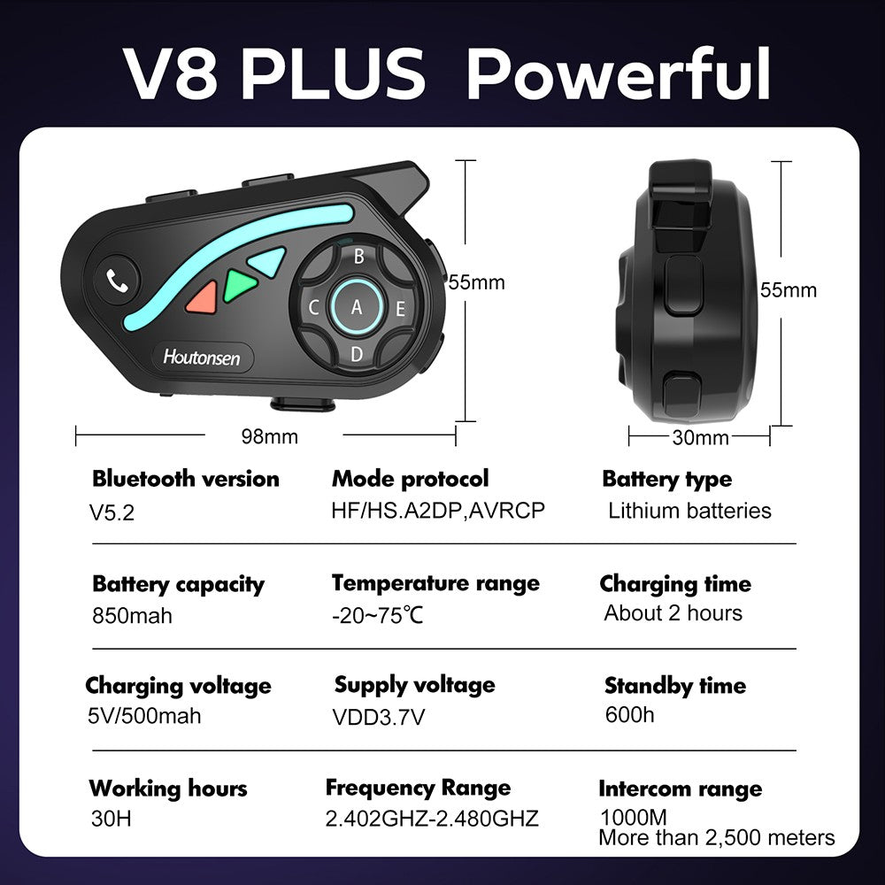 Houtonsen V8 Plus Motorcycle Helmet Headset, 1000M 2-Person Intercom, 30h Working Time, Noise Reduction, MP3/GPS/FM Navigation Support, AI Voice Assistant, IPX67 Waterproof, Bluetooth 5.2 - 1Pc Pack