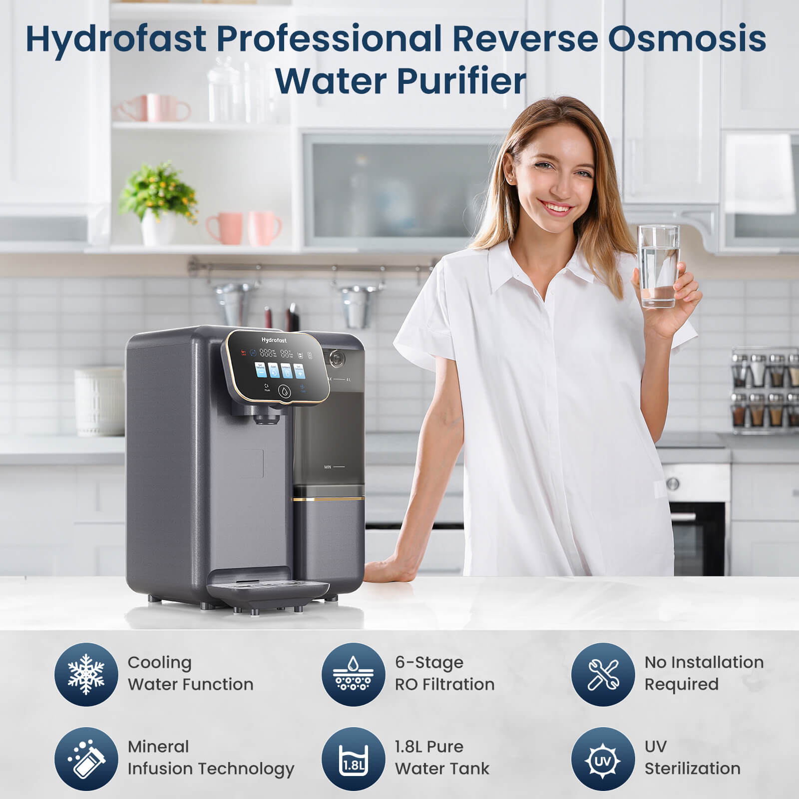 Hydrofast C100 Countertop Water Purifier, Room Temperature &amp; Cold Water, Reverse Osmosis Water Filter for Home, Office