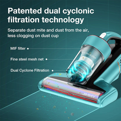 JIMMY BX6 Handheld Anti-Mite Vacuum Cleaner, Bed Vacuum Cleaner, 600W Suction, Strong Tapping Ultrasonic &amp; UV Light Intelligent Dust Recognition, 240mm Widened Suction Port, 3 Modes, 0.5L Dust Cup - Blue