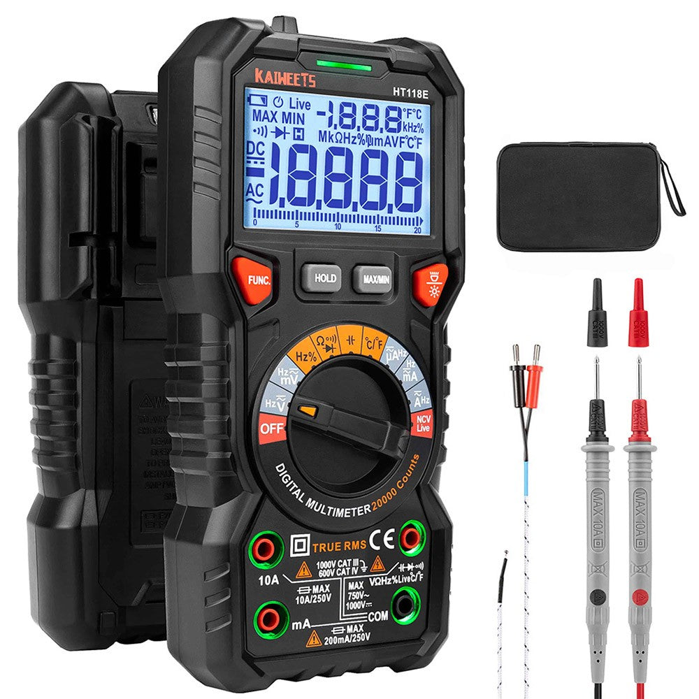 KAIWEETS HT118E Digital AC/DC Multimeter, TRMS 20000 Counts, 2.7 Inch Display, LED Lightning Jacks, Auto-Ranging - Black