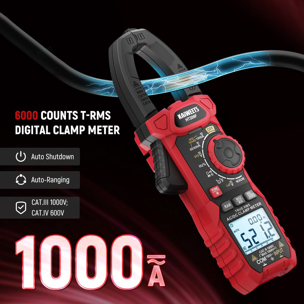 KAIWEETS HT208F Inrush Digital Clamp Meter, 1000A with Backlit, TRMS 6000 Counts, 15min Auto-shutdown, 38mm Large Jaw Design