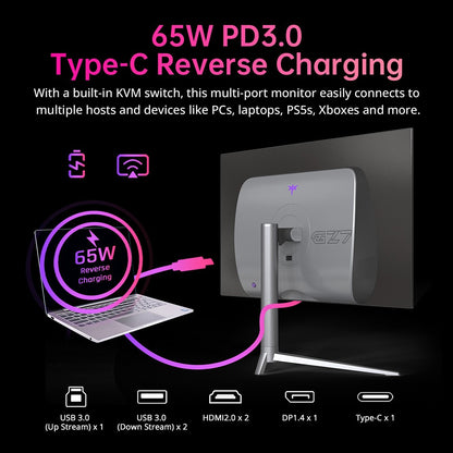 KTC G27P6 27-inch LG OLED Gaming Monitor, 2560x1440 16:9 240Hz Refresh Rate, 1500000:1 Constrast Ratio, 136% sRGB HDR10 0.03ms GTG Response Time, Low Blue FreeSync&amp;G-Sync, 3xUSB3.0 2xHDMI2.0 DP1.4 Type-C, Built-in Speakers KVM 65W Reverse Charge VESA