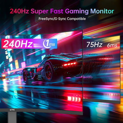 KTC H27S25E Gaming Monitor, 27 inch 2560*1440 QHD CSOT HVA Screen, 1000R Curvature, 240Hz Refresh Rate, 1ms MPRT Response Time, Adaptive Sync, 2500:1 Contrast Ratio, VESA Mount, Low Blue Light &amp; Flicker-Free, 2*HDMI 2.0, 1*DP1.2, 1*Earphone