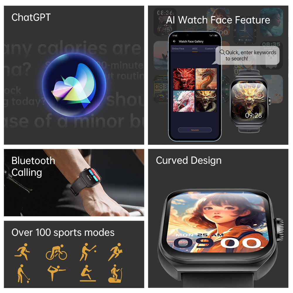 KUMI KU7 Smartwatch, 1.96'' AMOLED Screen, Bluetooth Calling, Health Monitoring, Stock Market Information, 100 Sports Modes - Black