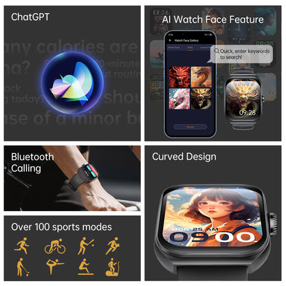 KUMI KU7 Smartwatch, 1.96'' AMOLED Screen, Bluetooth Calling, Health Monitoring, Stock Market Information, 100 Sports Modes - Black