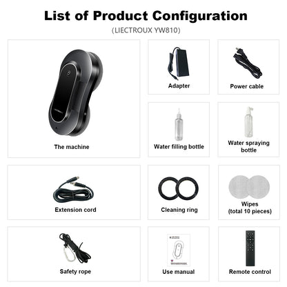 LIECTROUX YW810 Robot Window Cleaner, 2-Way Water Spray, Dry &amp; Wet Mopping, AI Route, Brushless Motor &amp; Fan, APP &amp; Remote Control, Multiple Security Protection Ways, Black