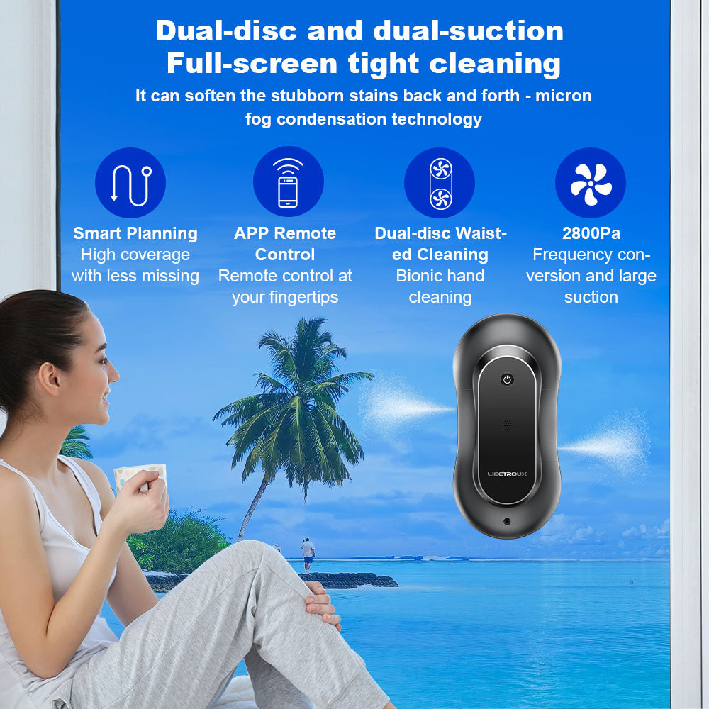 LIECTROUX YW810 Robot Window Cleaner, 2-Way Water Spray, Dry &amp; Wet Mopping, AI Route, Brushless Motor &amp; Fan, APP &amp; Remote Control, Multiple Security Protection Ways, Black