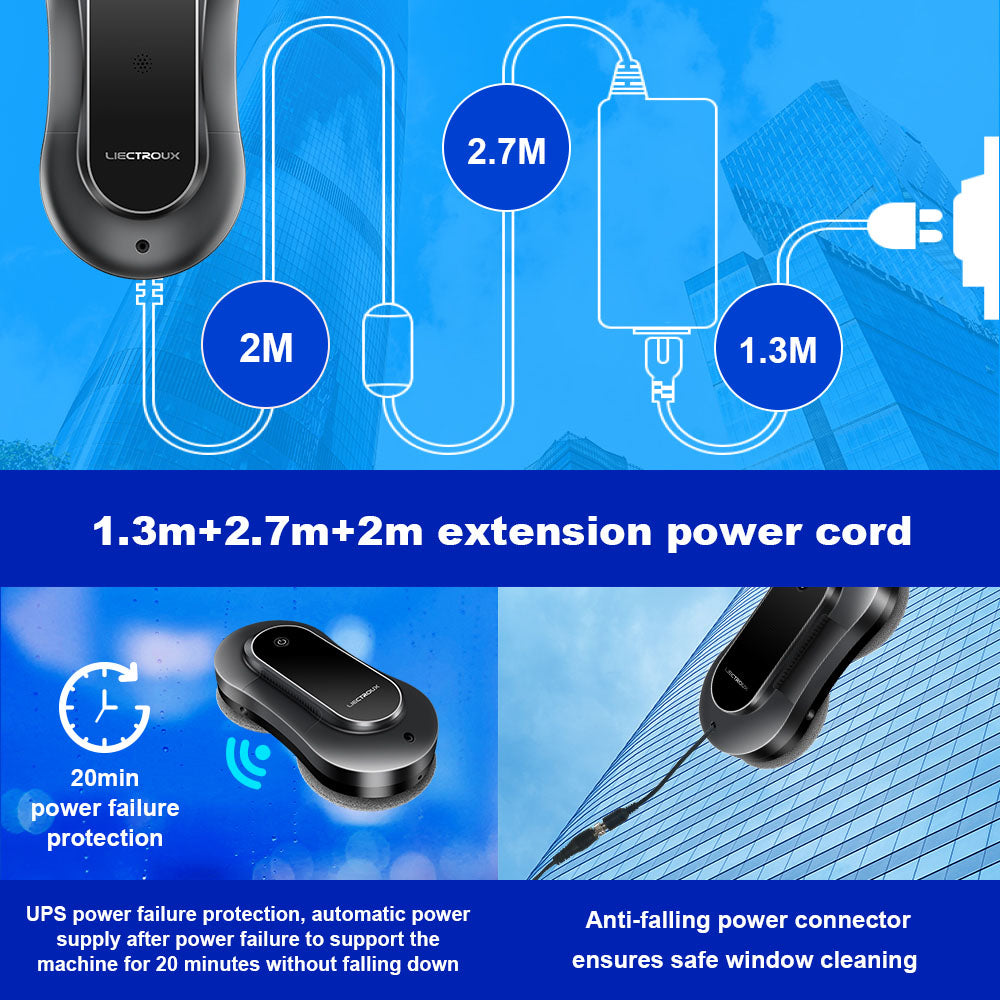 LIECTROUX YW810 Robot Window Cleaner, 2-Way Water Spray, Dry &amp; Wet Mopping, AI Route, Brushless Motor &amp; Fan, APP &amp; Remote Control, Multiple Security Protection Ways, Black