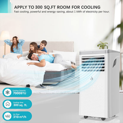 LUKO A011D1-7K 3 in 1 Portable Air Conditioner Dehumidifier, 7000BTU Cooling Capacity, 2 Wind Speeds, 24-Hour Timer, Low Noise, Remote Control