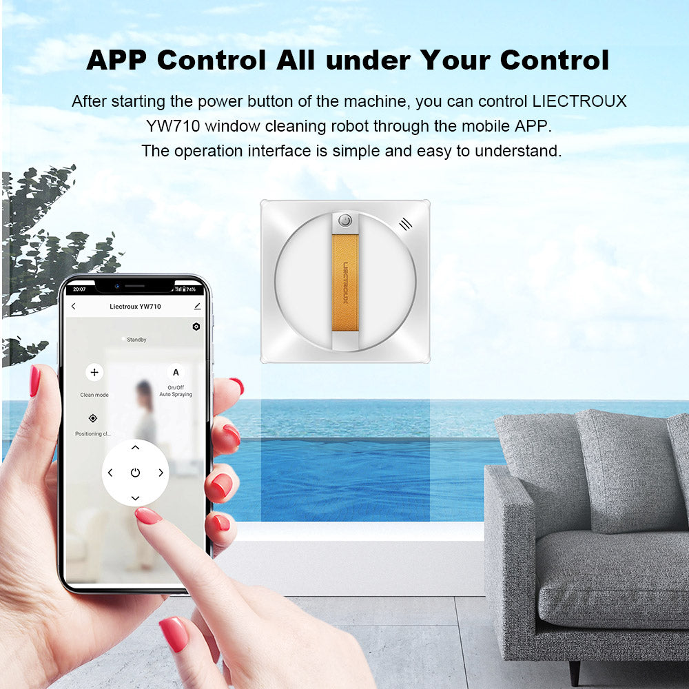 Liectroux YW710 Window Cleaning Robot, Double Water Spray, 2500Pa Suction, Low Noise, 360° Guide Wheel, Remote and App Control, White