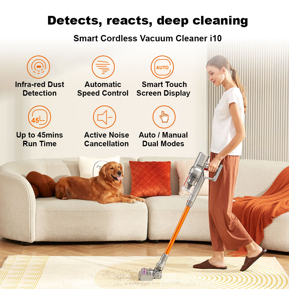 Liectroux i10 Cordless Stick Vacuum Cleaner, Smart Dust Sensing, 250W BLDC, 27kPa Suction, Colorful Touch Screen, LED Front Light, 45mins Runtime, for Carpet, Floor, Car &amp; Pet Hair
