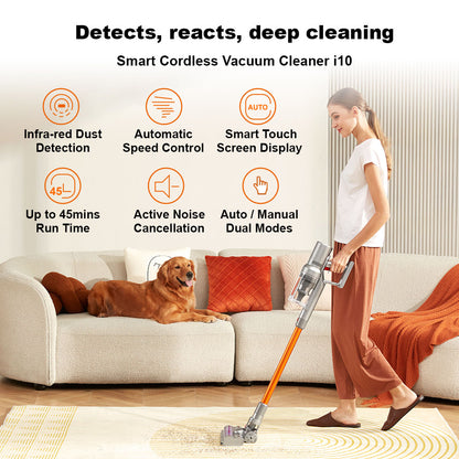 Liectroux i10 Cordless Stick Vacuum Cleaner, Smart Dust Sensing, 250W BLDC, 27kPa Suction, Colorful Touch Screen, LED Front Light, 45mins Runtime, for Carpet, Floor, Car &amp; Pet Hair