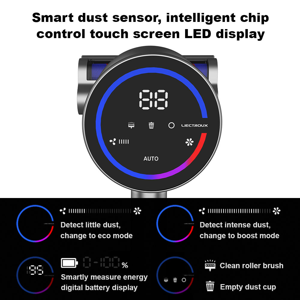 Liectroux i10 Cordless Stick Vacuum Cleaner, Smart Dust Sensing, 250W BLDC, 27kPa Suction, Colorful Touch Screen, LED Front Light, 45mins Runtime, for Carpet, Floor, Car &amp; Pet Hair