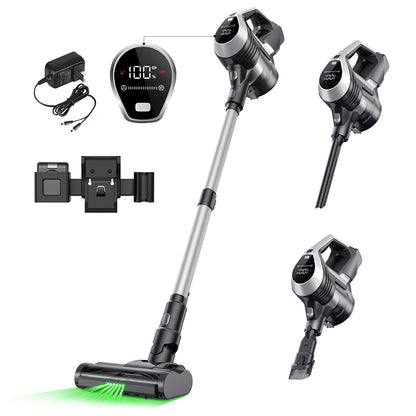 MOOSOO YC1 Cordless Vacuum Cleaner, 12kPa High Suction, Up to 40min Runtinte, LED Display, Multi-Cyclone Filtration System, 0.8L Dustbin, Flexible Swivel Head, Green Light, Ergonomic Telescopic Tube, for Hard Floor Pet Hair Carpet