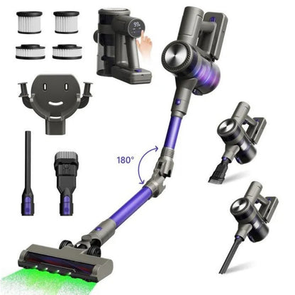 MOOSOO YG-618-B Cordless Vacuum Cleaner, Flexible 180° Rotation, Rechargeable Hanger, 48kPa High Suction, Anti-Tangle Brush, LED Display, for Hard Floors, Pet Hair And Carpet, Purple