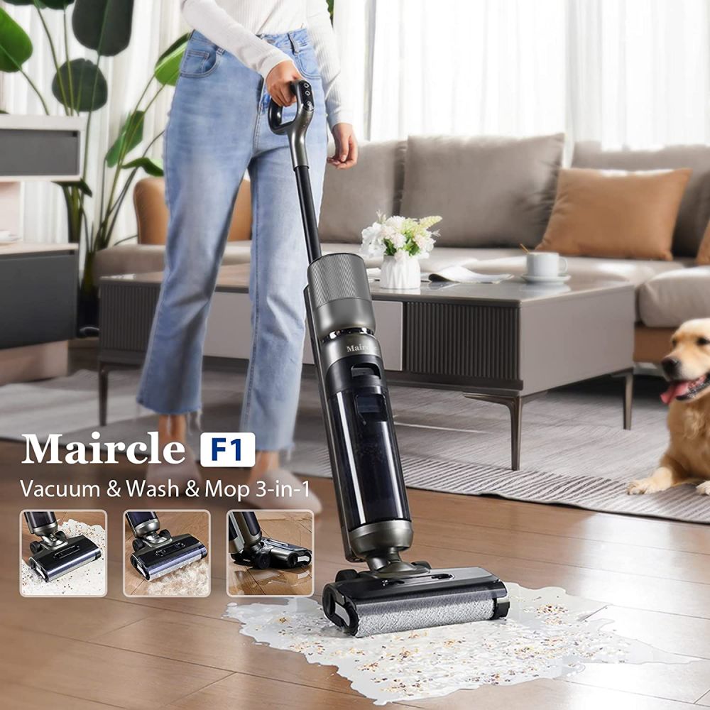 Maircle F1 Cordless Wet Dry Vacuum Cleaner, 16kPa Suction,  35min Runtime, LED Display, Self-propelled and Self-Cleaning, Voice Prompts, for Hardwood Floor and Sticky Messes