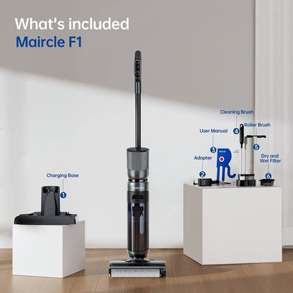 Maircle F1 Cordless Wet Dry Vacuum Cleaner, 16kPa Suction,  35min Runtime, LED Display, Self-propelled and Self-Cleaning, Voice Prompts, for Hardwood Floor and Sticky Messes