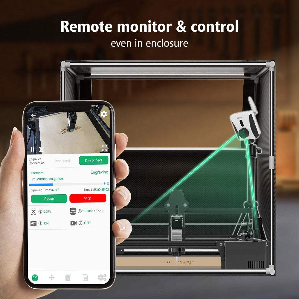 Mintion Lasercam Laser Engraver Camera, 1080P Video Resolution, Positioning in LightBurn, WiFi Remote Control, Auto Time-Lapse Video, Fire Detection, Night Version, Support PC Browser