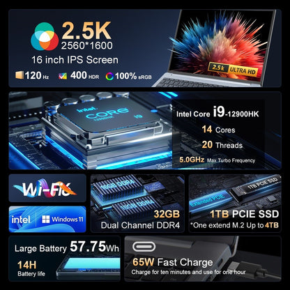 Ninkear N16 Pro Laptop, 16 inch 2560*1600 IPS Screen, Intel Core i9-12900HK 14 Cores Max 5.0GHz, 32GB RAM 1TB SSD, 120Hz Refresh Rate, WiFi 6, 5000mAh, Backlit Keyboard, 1*Full-featured Type-C, 2*USB3.0, 1*USB2.0, 1*HDMI, 1*RJ45 1*Headphone Jack