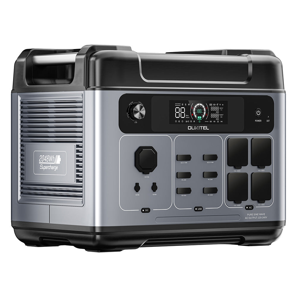 OUKITEL P2001 Plus Portable Power Station, 2400W AC Output, 2048Wh LiFePO4 Battery, 13 Outlets, 80% Charge in 1Hr, Smart APP Control, Adjust at 400W/800W/1200W/1800W, 2000W UPS < 10ms, Max. 500W Solar Input, IP54 Dust-Proof &amp; Splash-Proof