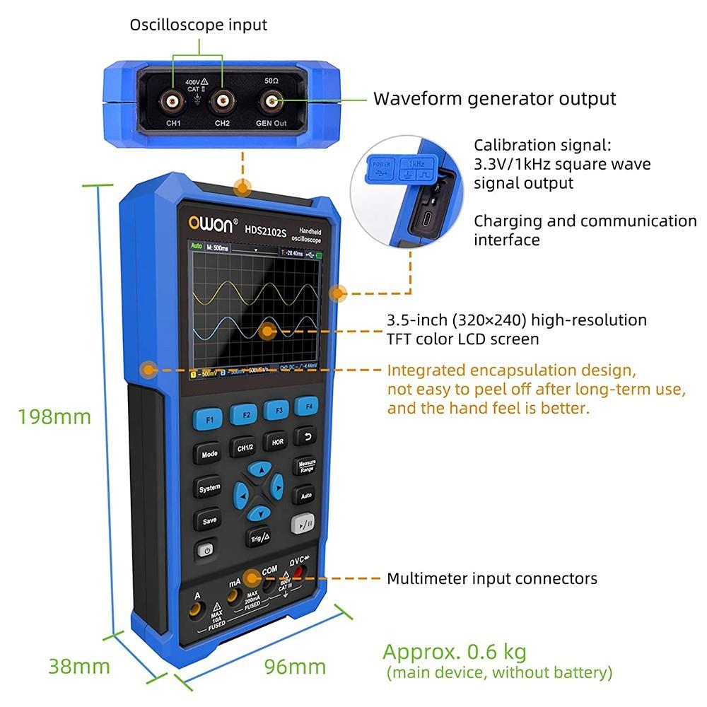 OWON HDS2102S 3 in 1 Digital Oscilloscope Multimeter Signal Generator, 100MHz Bandwidth, 500MSa/s Sampling Rate, 20000 Counts - EU Plug