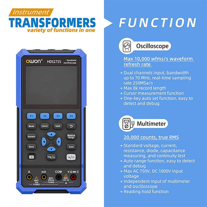 OWON HDS272S 3 in 1 Digital Oscilloscope Multimeter Signal Generator, 70MHz Bandwidth, 250MSa/s Sampling Rate, 20000 Counts - EU Plug