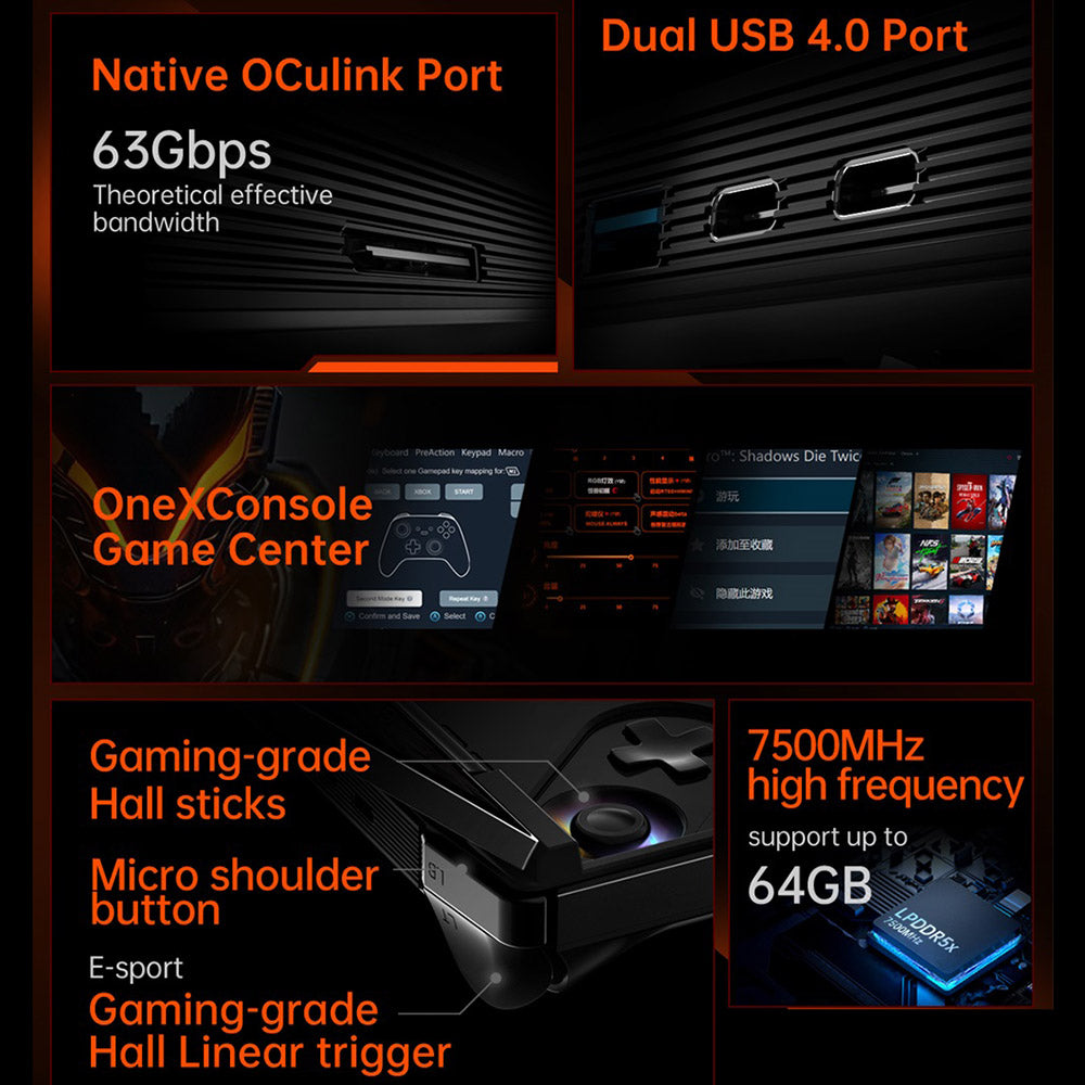One Netbook OneXPlayer G1 Handheld Gaming PC, AMD Ryzen AI 9 HX 370 12 Cores Max 5.1GHz, 8.8'' 2560*1600 144Hz Screen, 64GB LPDDR5X 7500MHz RAM 4TB SSD, WiFi 6E, 2*USB-C, 1*USB3.2, 1*TF Card, 1* Oculink, 1*3.5mm Audio, Fingerprint Unlock - EU Plug