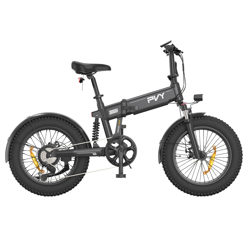 PVY Turbo Electric Bike 250W Motor 48V 13Ah Battery 20*4.0 inch Fat Tires 25km/h Max Speed 100km Range Shimano 7-Speed Mechanical Disc Brake, Front Suspension Fork &amp; Rear Mechanical Shock Absorber