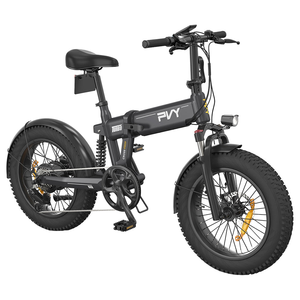 PVY Turbo Electric Bike 250W Motor 48V 13Ah Battery 20*4.0 inch Fat Tires 25km/h Max Speed 100km Range Shimano 7-Speed Mechanical Disc Brake, Front Suspension Fork &amp; Rear Mechanical Shock Absorber