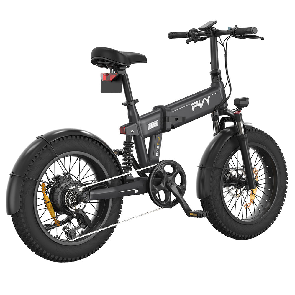 PVY Turbo Electric Bike 250W Motor 48V 13Ah Battery 20*4.0 inch Fat Tires 25km/h Max Speed 100km Range Shimano 7-Speed Mechanical Disc Brake, Front Suspension Fork &amp; Rear Mechanical Shock Absorber