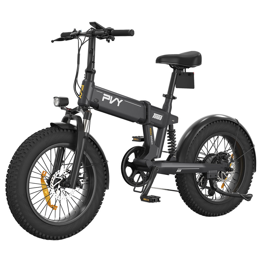 PVY Turbo Electric Bike 250W Motor 48V 13Ah Battery 20*4.0 inch Fat Tires 25km/h Max Speed 100km Range Shimano 7-Speed Mechanical Disc Brake, Front Suspension Fork &amp; Rear Mechanical Shock Absorber