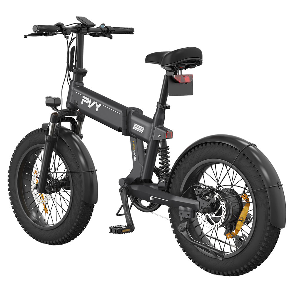 PVY Turbo Electric Bike 250W Motor 48V 13Ah Battery 20*4.0 inch Fat Tires 25km/h Max Speed 100km Range Shimano 7-Speed Mechanical Disc Brake, Front Suspension Fork &amp; Rear Mechanical Shock Absorber
