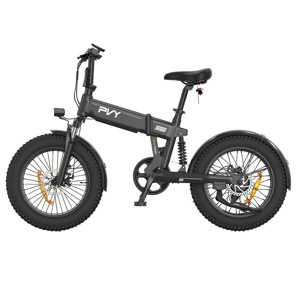 PVY Turbo Electric Bike 250W Motor 48V 13Ah Battery 20*4.0 inch Fat Tires 25km/h Max Speed 100km Range Shimano 7-Speed Mechanical Disc Brake, Front Suspension Fork &amp; Rear Mechanical Shock Absorber