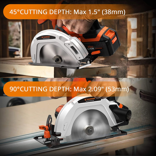 Parrior CCS05 20V Cordless Circular Saw, with 4Ah Battery, 3500RPM Rotating Speed, Fasting Charging, Adjustable Cutting Depth 45°/90°