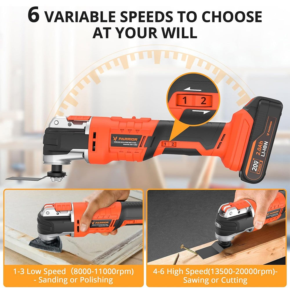 Parrior CMC11 20V Oscillating Saw, LED Light, 6 Variable Speeds, 8000-20000RPM, 3.2° Oscillating Angle, 2Ah Battery, for Cutting, Grinding, Scraping, Sanding