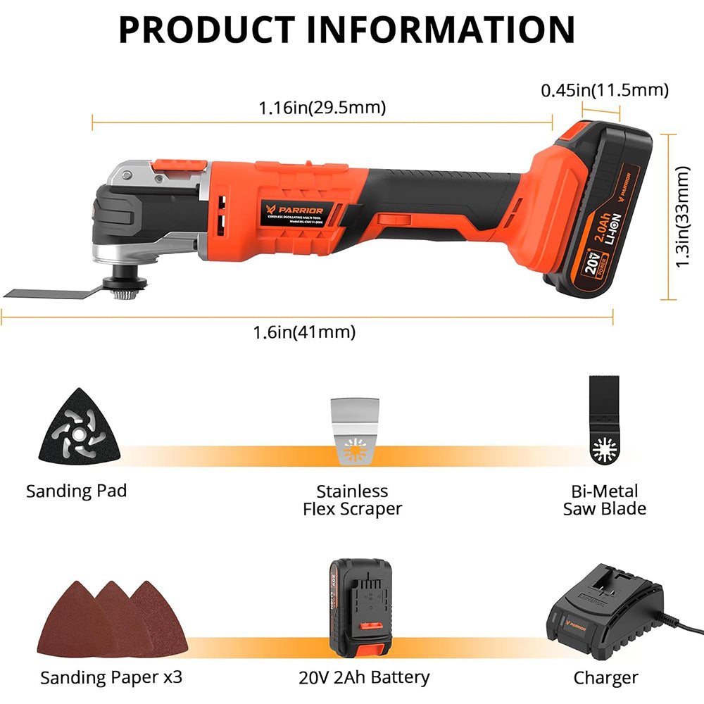 Parrior CMC11 20V Oscillating Saw, LED Light, 6 Variable Speeds, 8000-20000RPM, 3.2° Oscillating Angle, 2Ah Battery, for Cutting, Grinding, Scraping, Sanding