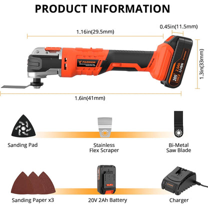 Parrior CMC11 20V Oscillating Saw, LED Light, 6 Variable Speeds, 8000-20000RPM, 3.2° Oscillating Angle, 2Ah Battery, for Cutting, Grinding, Scraping, Sanding