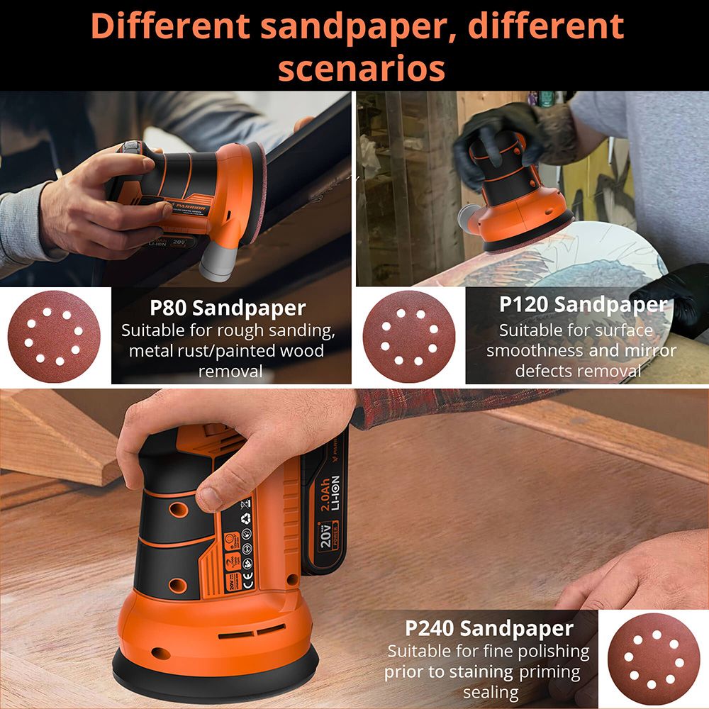 Parrior DS04 20V Cordless Electric Sander, with 2Ah Battery &amp; 5-Inch(125mm) Disc, 11,000RPM Motor