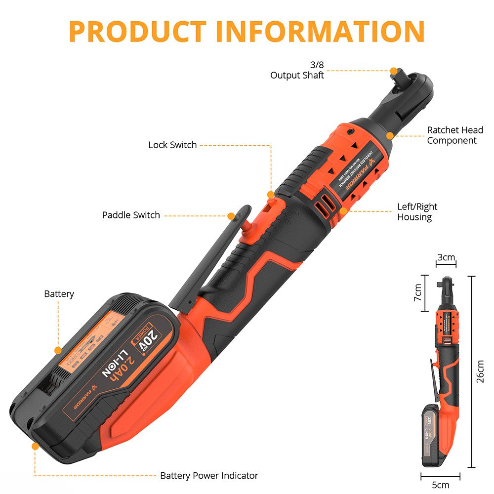 Parrior IW44 20V Cordless Electric Ratchet Wrench, 60nm Max. Torque, 260RPM Speed, 20V Input Voltage, with 2000mAh Lithium Battery