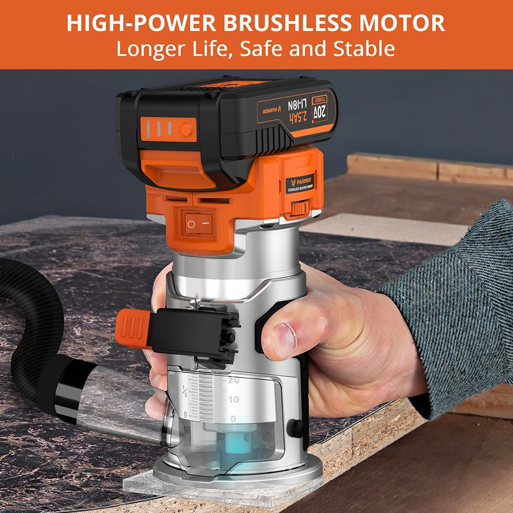Parrior PR01 20V Cordless Trimmer Router, with 2.5Ah Battery, 6 Digital Speed from 10000-30000RPM, LED Light
