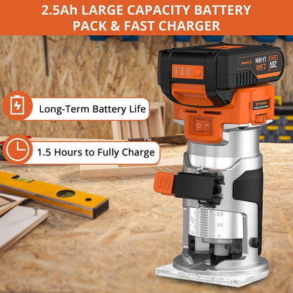 Parrior PR01 20V Cordless Trimmer Router, with 2.5Ah Battery, 6 Digital Speed from 10000-30000RPM, LED Light