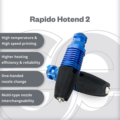 Phaetus Rapido 2.0 HF Hotend, for Prusa 3D Printers and Volcano and V6 Nozzle, 350 Celsius Max Printing Temperature, Compatible with Thermoplastic Filaments and Composite Materials - Blue