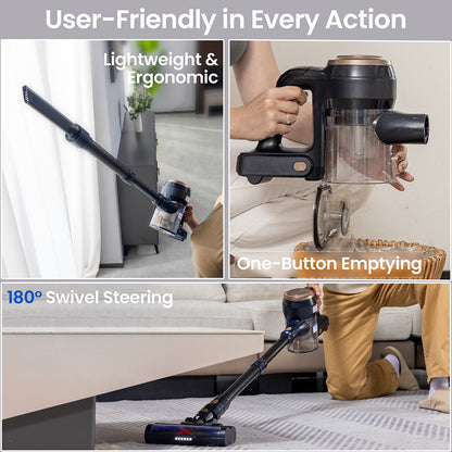 Proscenic P11 Lite Cordless Vacuum Cleaner, Max 28 kPa Suction, Up to 35min Runtime, LED Screen, Auto De-Tangles Hair, 180° Swivel Steering, 550ml Dustbin, Telescopic Pipe, Low Noise, Wall-mounted Storage