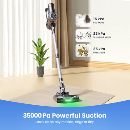 Proscenic P13 Cordless Vacuum Cleaner, 35Kpa Suction, Stick Vacuum with Green Light, LED Display, Max 45mins Runtime, 1.2L Dustbin, Anti-tangle Roller Brush, 5-layer Filtration System, for Pet Hair, Hard Floor &amp; Carpet, Gray