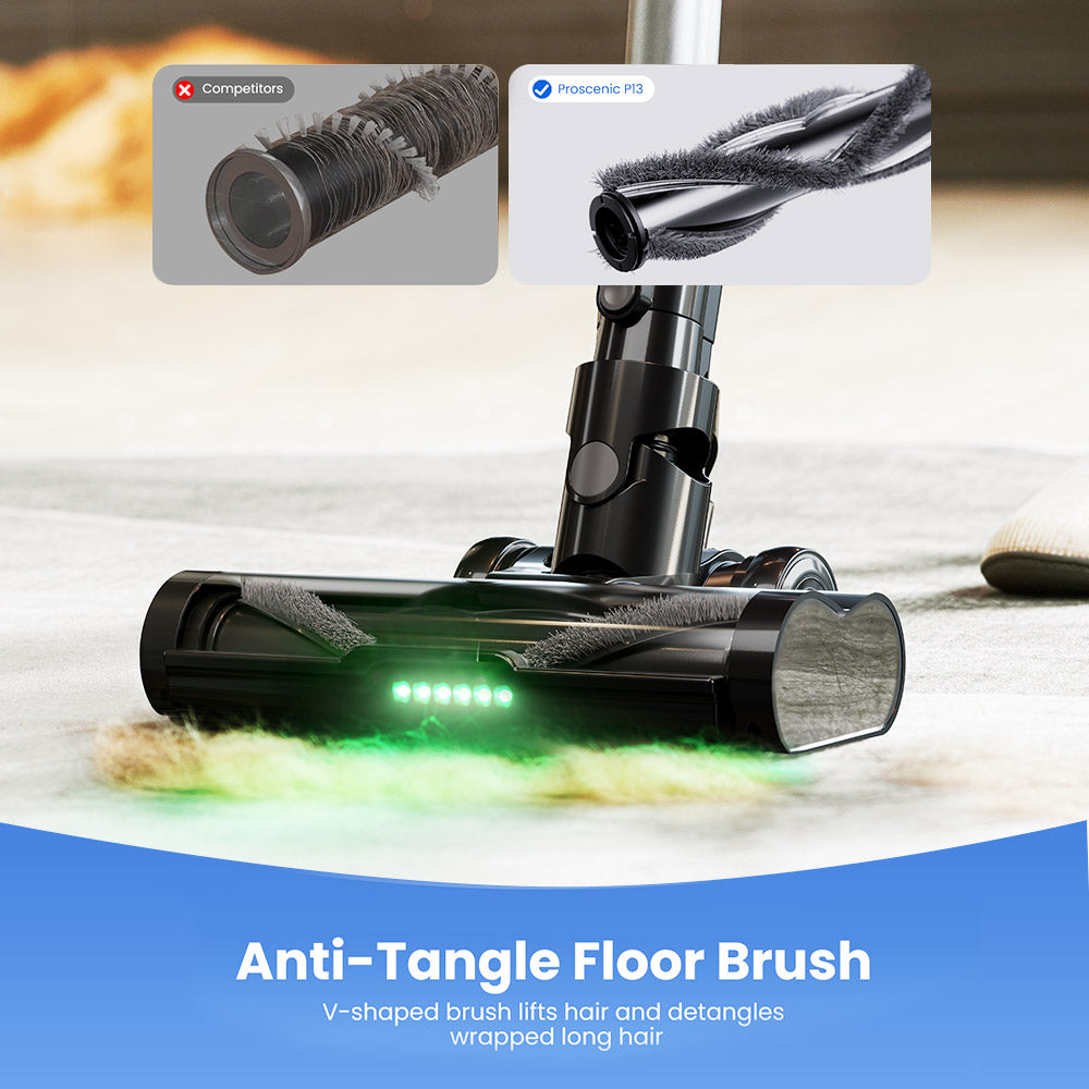 Proscenic P13 Cordless Vacuum Cleaner, 35Kpa Suction, Stick Vacuum with Green Light, LED Display, Max 45mins Runtime, 1.2L Dustbin, Anti-tangle Roller Brush, 5-layer Filtration System, for Pet Hair, Hard Floor &amp; Carpet, Gray