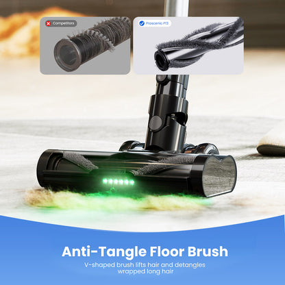 Proscenic P13 Cordless Vacuum Cleaner, 35Kpa Suction, Stick Vacuum with Green Light, LED Display, Max 45mins Runtime, 1.2L Dustbin, Anti-tangle Roller Brush, 5-layer Filtration System, for Pet Hair, Hard Floor &amp; Carpet, Gray