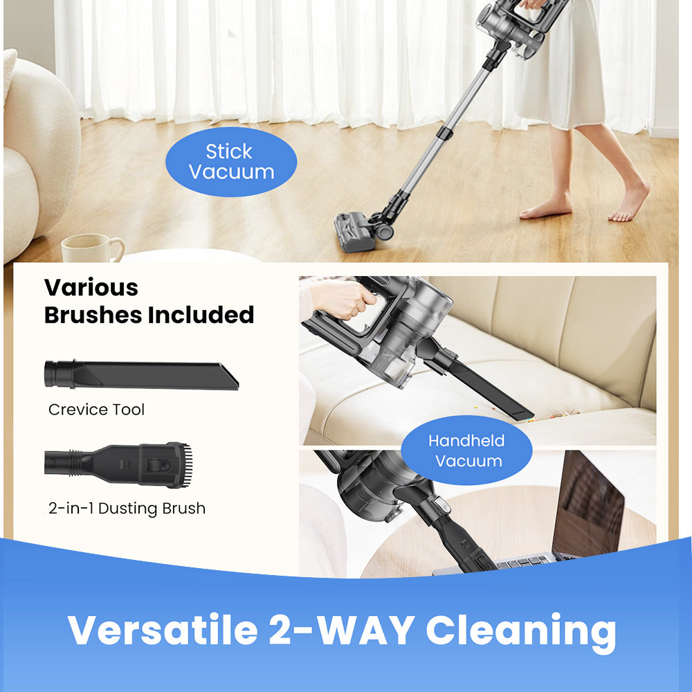 Proscenic P13 Cordless Vacuum Cleaner, 35Kpa Suction, Stick Vacuum with Green Light, LED Display, Max 45mins Runtime, 1.2L Dustbin, Anti-tangle Roller Brush, 5-layer Filtration System, for Pet Hair, Hard Floor &amp; Carpet, Gray