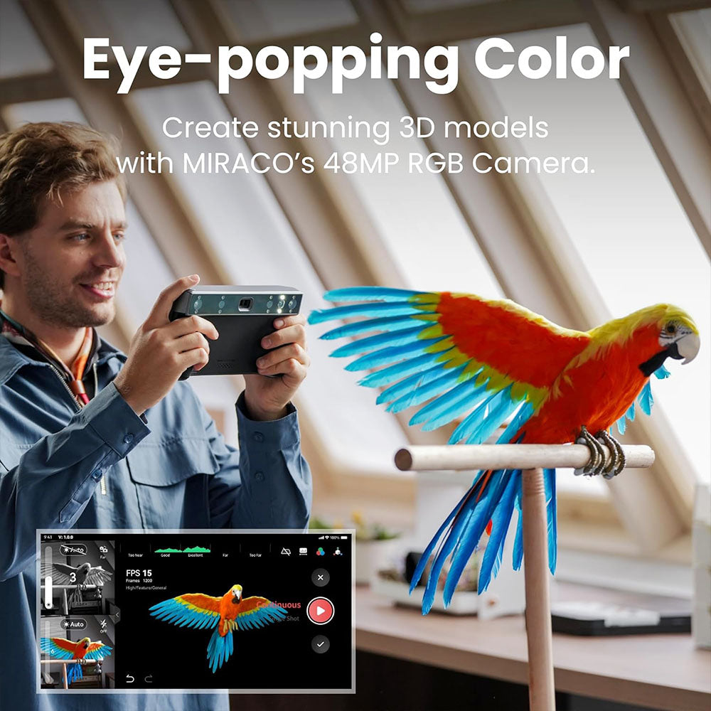 Revopoint MIRACO Pro 3D Scanner with 32GB RAM, 0.02mm High Precision, 15fps Scanning Speed, 8K Color Capture, 180° Rotating Screen, 9-axis IMU, 2K HD Picture, Single-shot &amp; Continuous Mode, Standable Design, for Small to Large Objects