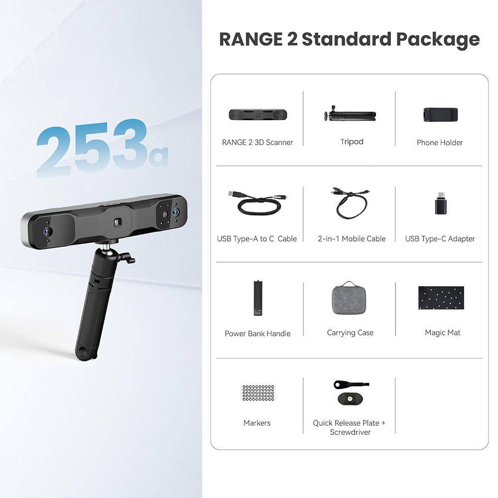 Revopoint RANGE 2 3D Scanner, 0.1mm Precision, 2MP Resolution, Up to 16fps Scanning Speed, 400-1300mm Working Distance, 4 Flash LEDs, IMU Motion Tracking, Supports Body Face/Large Objects &amp; Win/Android/iOS/macOS